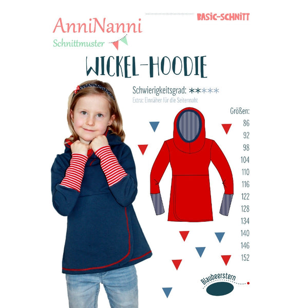 Papierschnittmuster "Wickel-Hoodie" von AnniNanni. Der AnniNanni Wickel-Hoodie ist ein leicht zu nähender Hoodie mit einem doppelten Unterteil in Wickeloptik. Er sitzt locker, so dass darunter noch ein Shirt passt.  Der Hoodie wird mit einerdreiteiligen gefütterten Kapuze genäht, die sich schön um den Hals legt, wenn sie nicht aufgesetzt wird. Wahlweise kann auch eine Wickelkapuze genäht werden. Die Ärmel haben extra lange Bündchen und geben so dem Pulli seinen besonderen Stil.