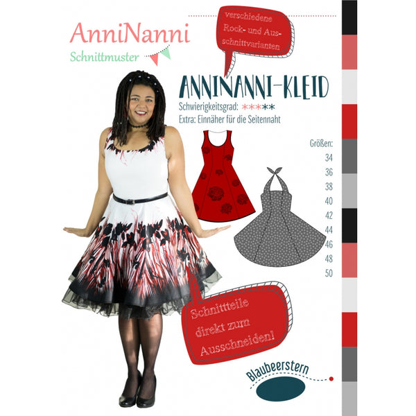 Papierschnittmuster "AnniNanni-Kleid" von AnniNanni. Das AnniNanni-Kleid ist ein Grundschnitt für ein Bahnenkleid mit englischen Nähten. Im Rücken oder an der Seite wird ein Reißverschluss eingenäht. Um  deinem Kleid besondere Stabilität und Körperform zu geben, kannst du auch Miederstäbchen mit einarbeiten. Du kannst dich entscheiden, ob du dein AnniNanni-Kleid durchgehend oder in der Taille angesetzt nähen  möchtest. Außerdem stehen  zwei  verschiedene Rockweiten zur Wahl.Nähen - Glückpunkt.