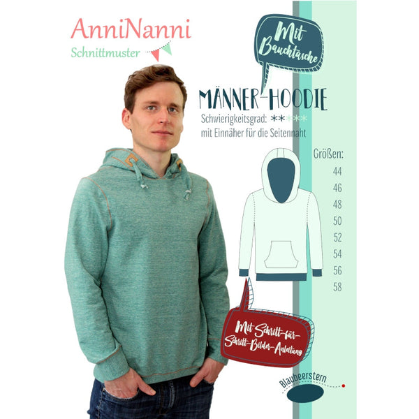 Papierschnittmuster "Männer-Hoodie" von AnniNanni. Der AnniNanni-Männerhoodie aus der Basic-Reihe. Kuschelig und sportlich kommt das neue Schnittmuster für Männer daher. Schnell genäht, als Geschenk oder mit viel Liebe zum Detail als Sportpulli. Das Schnittmuster deckt die Gr. 44 – 58 ab und ist mit einer einfachen Kapuze ausgestattet. Arme und Saum werden mit einem Bündchen vernäht. Das Freebook “Bauchtasche” kann man natürlich auch auf dieses Schnittmuster anwenden. Nähen - Herren - Glückpunkt