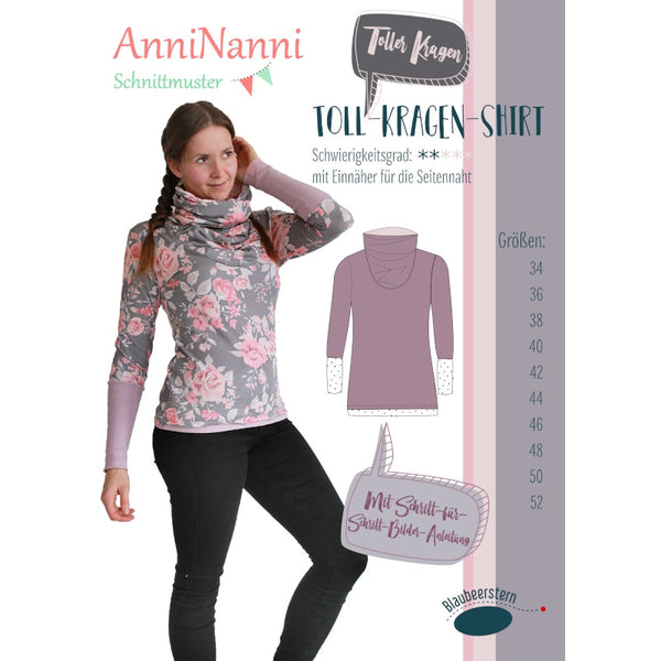 Papierschnittmuster "Toll-Kragen-Shirt" von AnniNanni. Das AnniNanni Toll-Kragen-Shirt ist das bessere Rollkragenshirt, weil es hübsch und dennoch locker wirkt. Arme und Brust habe ich etwas enger konstruiert und an Taille und Hüfte etwas mehr Zugabe gegeben, damit es kein all zu enges Shirt wird. Der Kragen ist größer geschnitten, als der Halsausschnitt, daher fällt er schön bauschig oder wasserfallartig, je nach dem was du für einen Stoff verwendest. Nähen - Damen - Glückpunkt