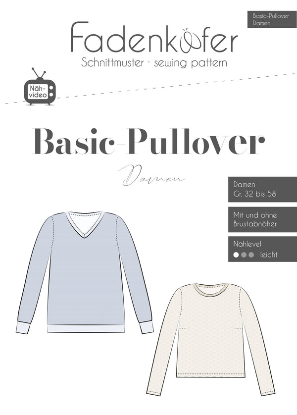 Papierschnittmuster Basic-Pullover Damen von Fadenkäfer in den Größen 32-58.

Ein paar Basics dürfen in keinem Kleiderschrank fehlen, denn sie bilden die perfekte Grundlage für abwechslungsreiche Outfits. Der Basic-Pullover ist genau so ein Kleidungsstück. Er ist ganz schnell genäht und sieht einfach immer gut aus. Du hast die Wahl zwischen einem sportlichen Rundhalsausschnitt und einem eleganten V-Ausschnitt. Außerdem kannst du eine längere oder eine kürzere Version nähen.
 Glückpunkt.