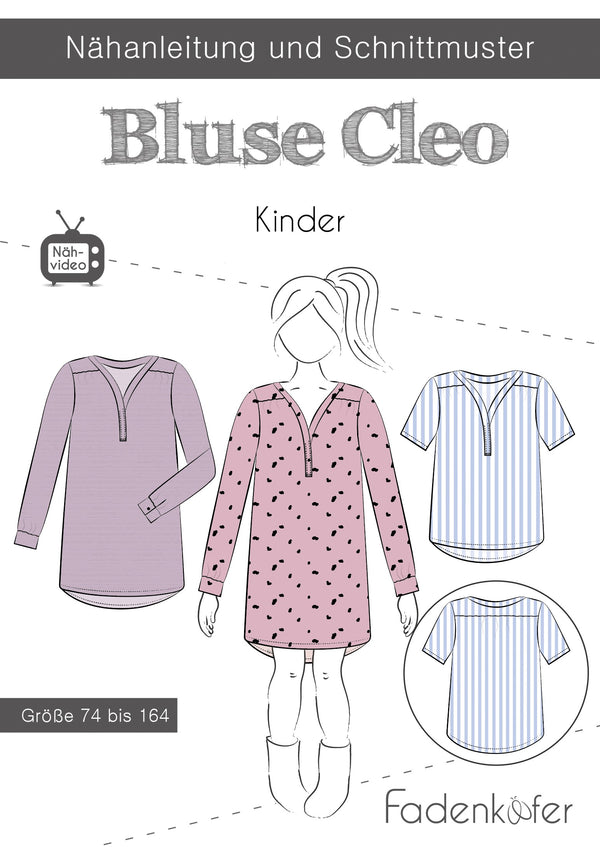 Papierschnittmuster Bluse Cleo Kinder von Fadenkäfer in den Größen 74-164. Die luftige Bluse Cleo ist ein echtes Allroundtalent. Die Manschetten an den Ärmeln und die Blende am Ausschnitt
verleihen ihr einen ganz klassischen Look, der prima ins Büro passt. Je nach Stoffauswahl kannst du Cleo aber auch
ganz lässig mit Leggings kombinieren. Dank kurzer Ärmelvariante eignet sie sich zudem wunderbar für warme Tage. Glückpunkt.