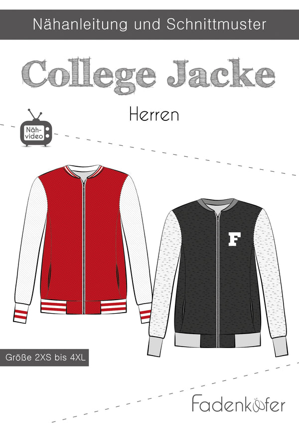 Papierschnittmuster College Jacke Herren von Fadenkäfer in den Größen 2XS - 4XL. 
Die College-Jacke überzeugt durch den lässigen Look und die seitlichen Eingrifftaschen. Du hast die Wahl zwischen zwei verschiedenen Längen. Genäht wird die Jacke mit einem Beleg. Pimpe deine College-Jacke mit tollen Bügelbildern oder verwende einen aufregenden Lieblingsstoff. Glückpunkt.