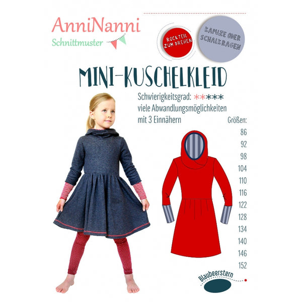 Papierschnittmuster "Mini-Kuschelkleid" von AnniNanni. Das AnniNanni Mini-Kuschelkleid ist das wohl kuschligste Kleid für kleine und große Mädchen weit und breit – ein Kleid für für alle diejenigen, die auch im Herbst und Winter nicht auf weit schwingende Röcke verzichten wollen. Es wird mit einer dreiteiligen Kapuze genäht, die sich schön um den Hals bauscht. Wer mag, kann auch einen Schalkragenannähen. Die Ärmel haben extra lange Bündchen Nähen - Kinder - Glückpunkt.