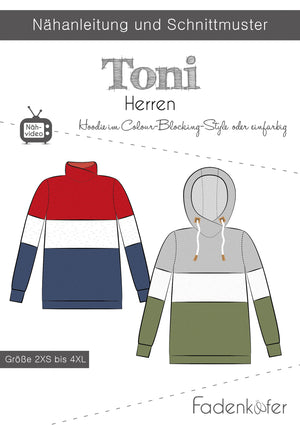 Toni für Herren von Fadenkäfer gibt es in den Größen 2XS-4XL. Mit dem Hoodie Toni im Colour-Blocking-Style kannst du deinen Kindern nicht nur ein echtes Unikat zaubern, sondern auch all die Stoffe verarbeiten, von denen du nicht mehr genug für einen ganzen Pulli hast, die du aber trotzdem zu einem Lieblingsteil verarbeiten willst. Du hast die Wahl zwischen einer klassischen Kapuze, einem kuscheligen Kragen oder einem einfachen Halsbündchen. Glückpunkt.